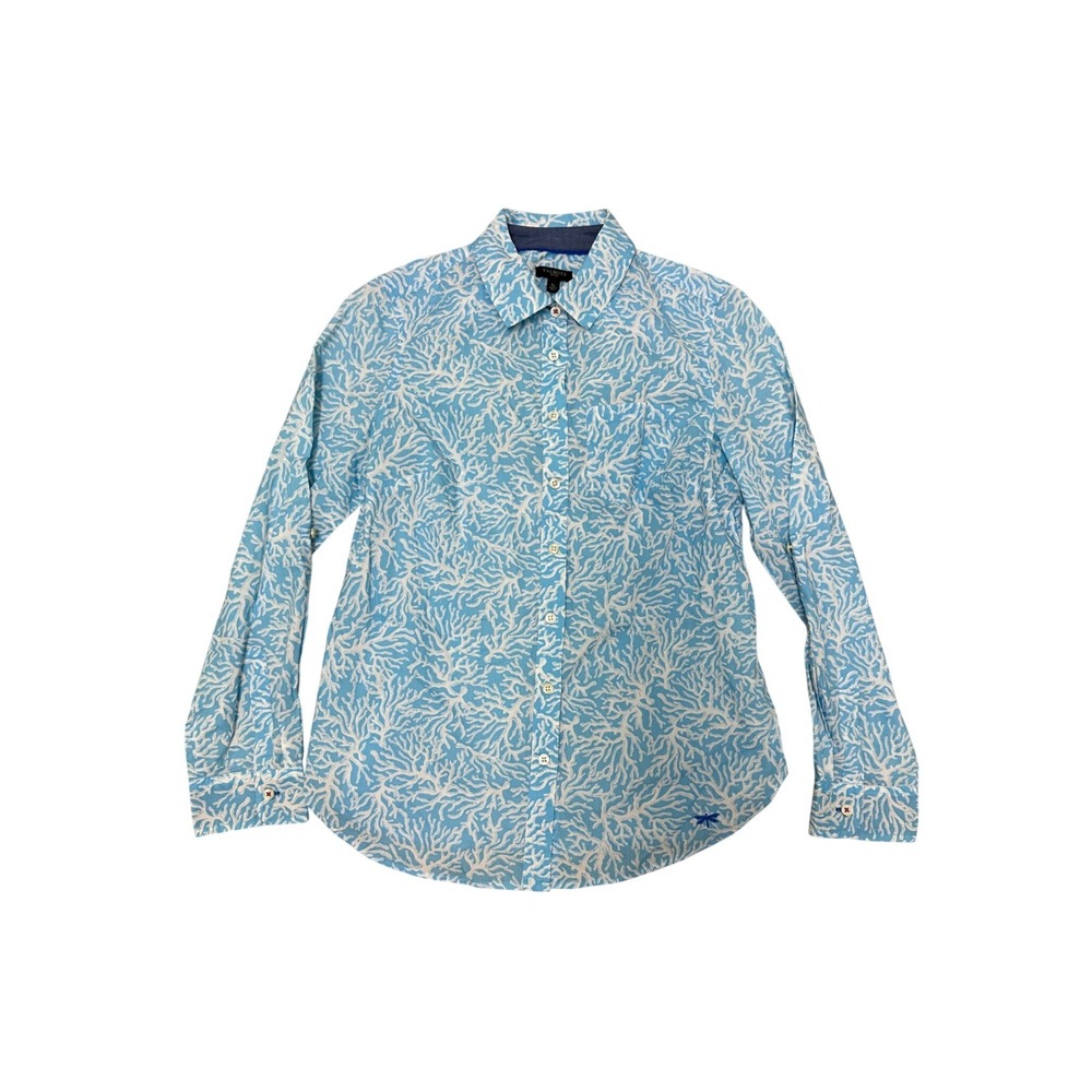 Talbots Petites Small Button Up Shirt Light Blue with White‎ Coral Print